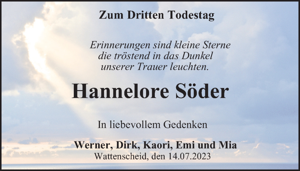  Traueranzeige für Hannelore Söder vom 14.07.2023 aus Tageszeitung