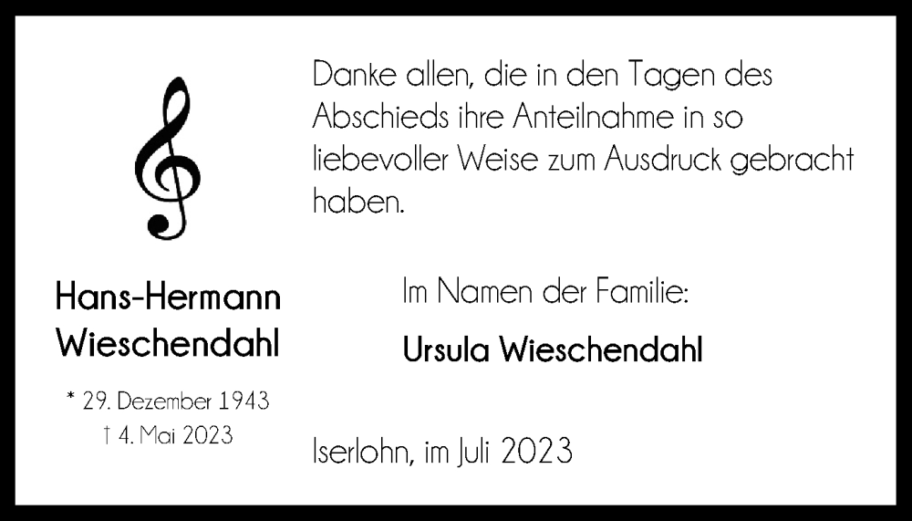  Traueranzeige für Hans-Hermann Wieschendahl vom 08.07.2023 aus Tageszeitung