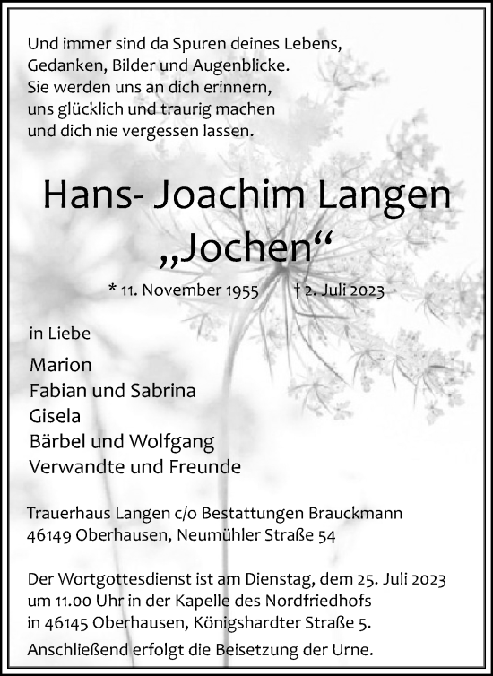 Traueranzeige von Hans- Joachim Langen von Tageszeitung