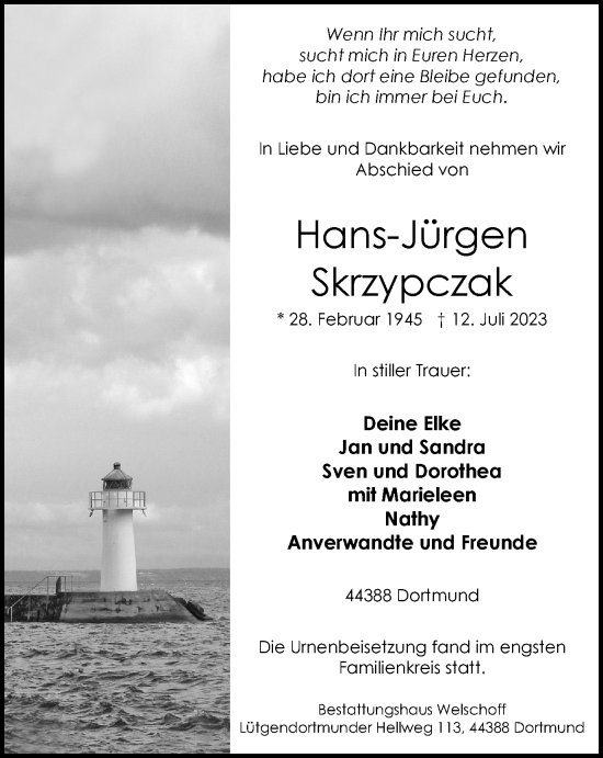 Traueranzeige von Hans-Jürgen Skrzypczak von Tageszeitung