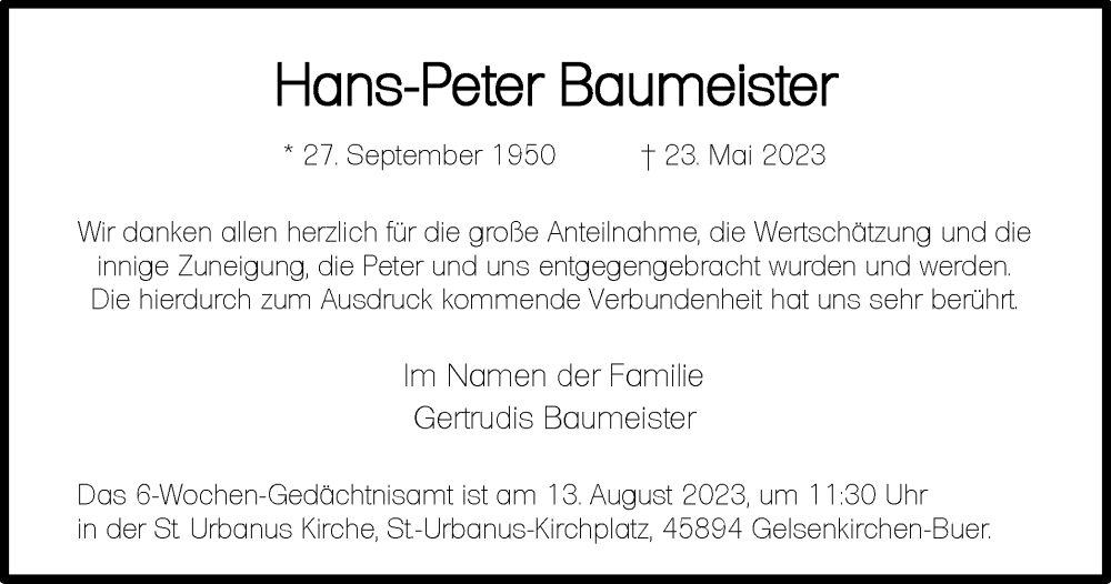  Traueranzeige für Hans-Peter Baumeister vom 29.07.2023 aus Tageszeitung