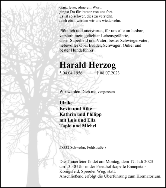 Traueranzeige von Harald Herzog von Tageszeitung