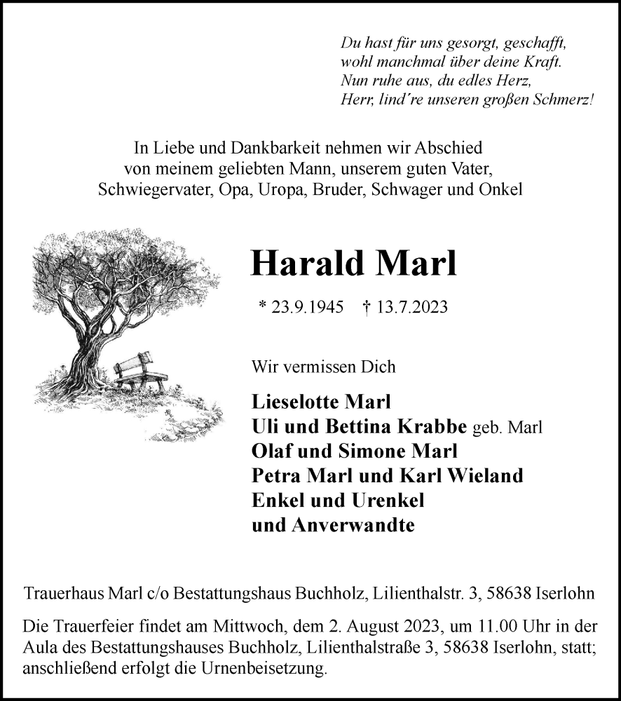  Traueranzeige für Harald Marl vom 22.07.2023 aus Tageszeitung
