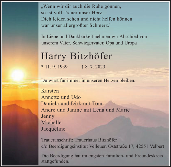 Traueranzeige von Harry Bitzhöfer von Tageszeitung