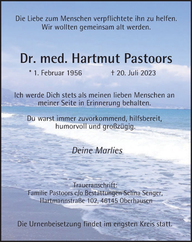  Traueranzeige für Hartmut Pastoors vom 29.07.2023 aus Tageszeitung
