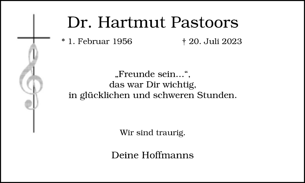  Traueranzeige für Hartmut Pastoors vom 29.07.2023 aus Tageszeitung