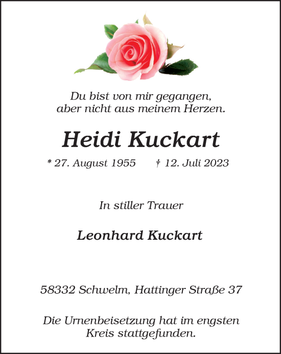 Traueranzeige von Heidi Kuckart von Tageszeitung