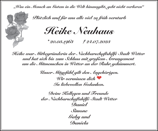 Traueranzeige von Heike Neuhaus von Tageszeitung
