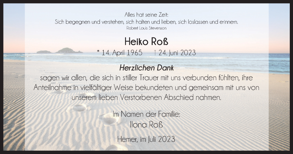  Traueranzeige für Heiko Roß vom 29.07.2023 aus Tageszeitung