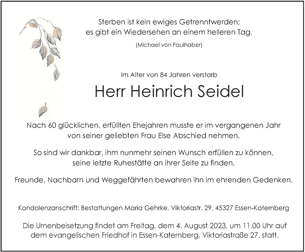  Traueranzeige für Heinrich Seidel vom 29.07.2023 aus Tageszeitung