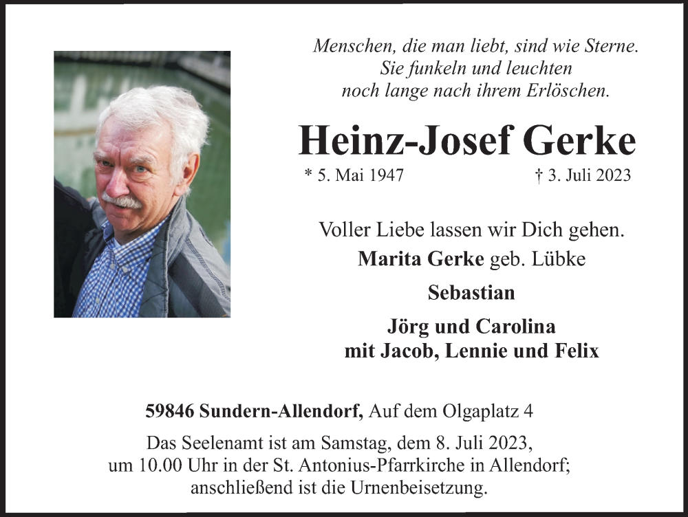  Traueranzeige für Heinz-Josef Gerke vom 06.07.2023 aus Tageszeitung