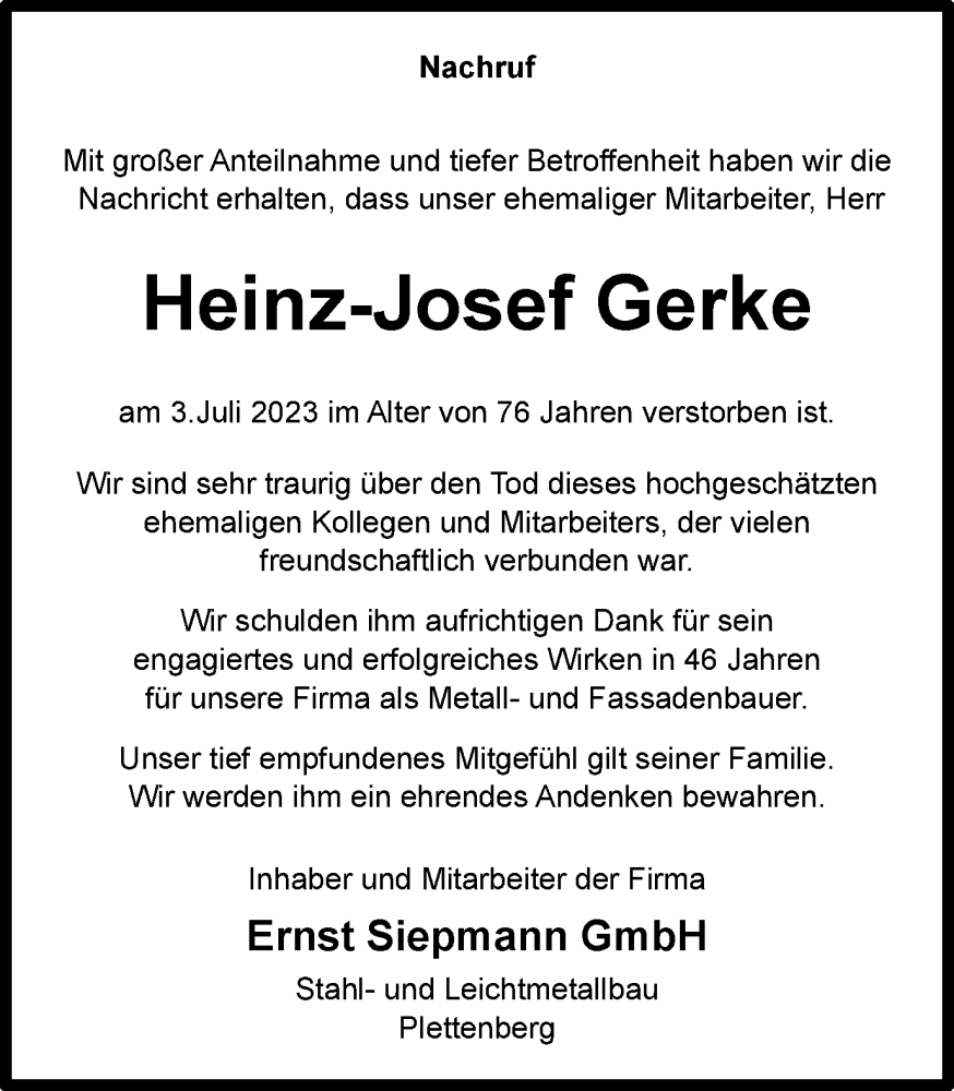  Traueranzeige für Heinz-Josef Gerke vom 08.07.2023 aus Tageszeitung