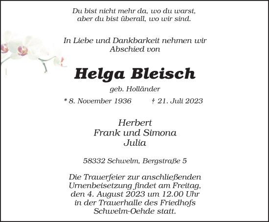 Traueranzeige von Helga Bleisch von Tageszeitung