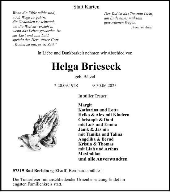 Traueranzeige von Helga Brieseck von Tageszeitung