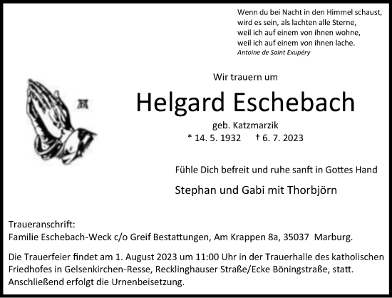 Traueranzeige von Helgard Eschebach von Tageszeitung