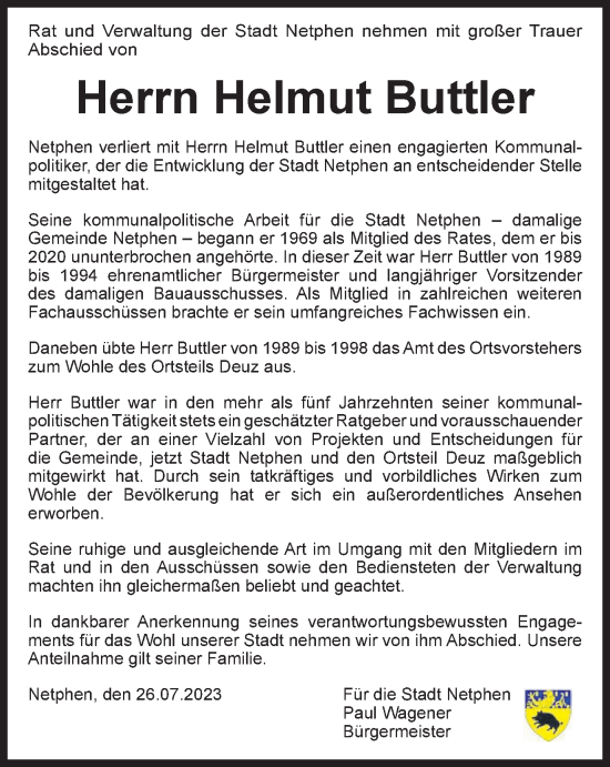 Traueranzeige von Helmut Buttler von Tageszeitung