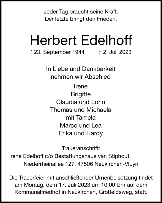 Traueranzeige von Herbert Edelhoff von Tageszeitung