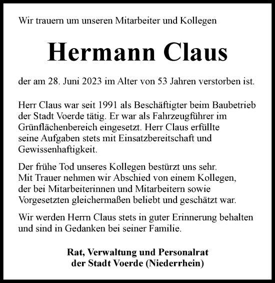 Traueranzeige von Hermann Claus von Tageszeitung