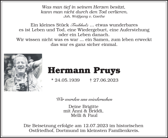 Traueranzeige von Hermann Pruys von Tageszeitung