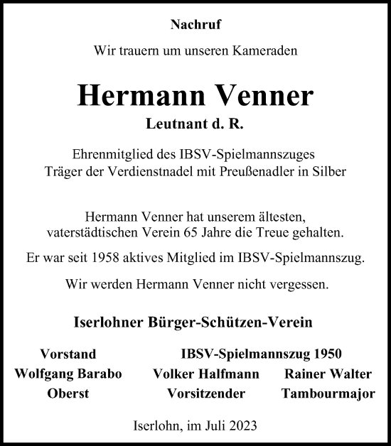 Traueranzeige von Hermann Venner von Tageszeitung