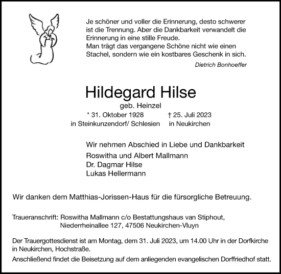Traueranzeige von Hildegard Hilse von Tageszeitung