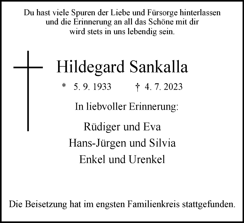  Traueranzeige für Hildegard Sankalla vom 22.07.2023 aus Tageszeitung