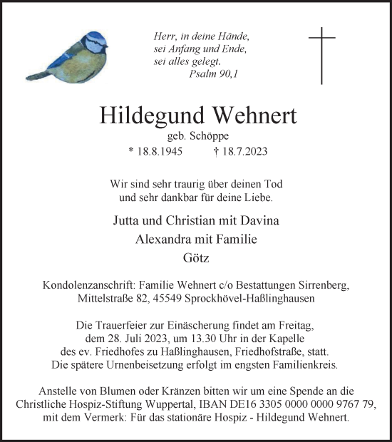 Traueranzeige von Hildegund Wehnert von Tageszeitung