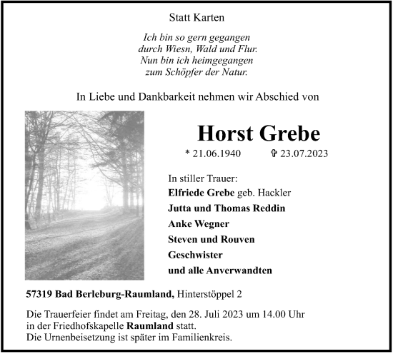 Traueranzeige von Horst Grebe von Tageszeitung