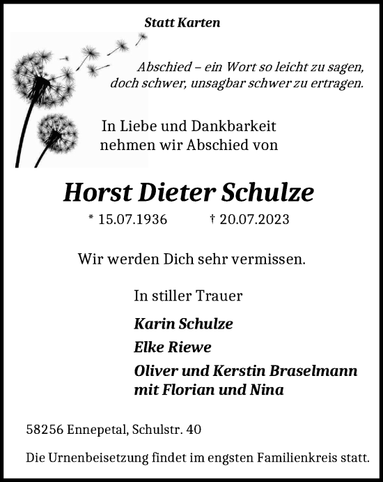 Traueranzeige von Horst Dieter Schulze von Tageszeitung