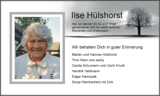 Traueranzeige von Ilse Hülshorst von Tageszeitung