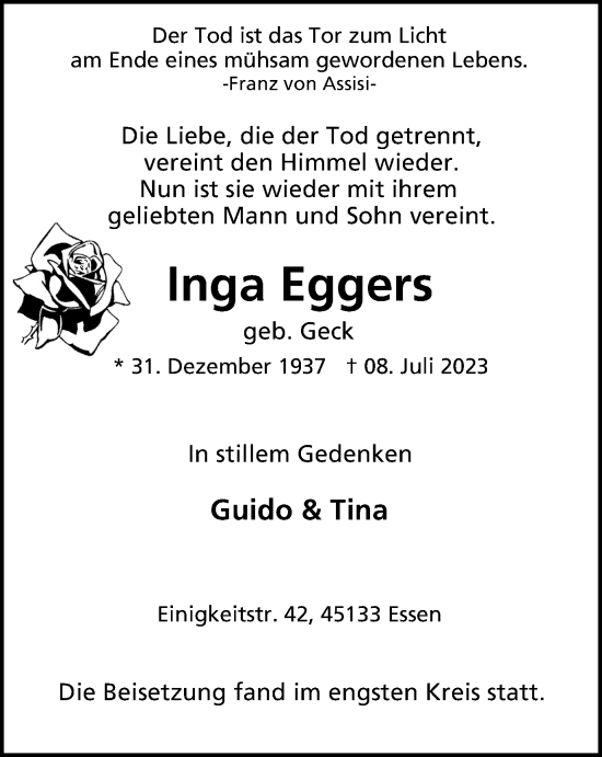Traueranzeige von Inga Eggers von Tageszeitung