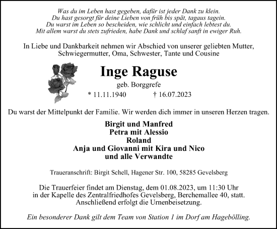 Traueranzeige von Inge Raguse von Tageszeitung