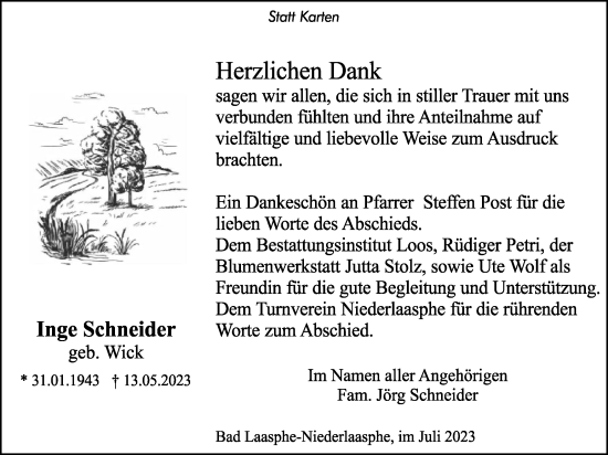 Traueranzeige von Inge Schneider von Tageszeitung