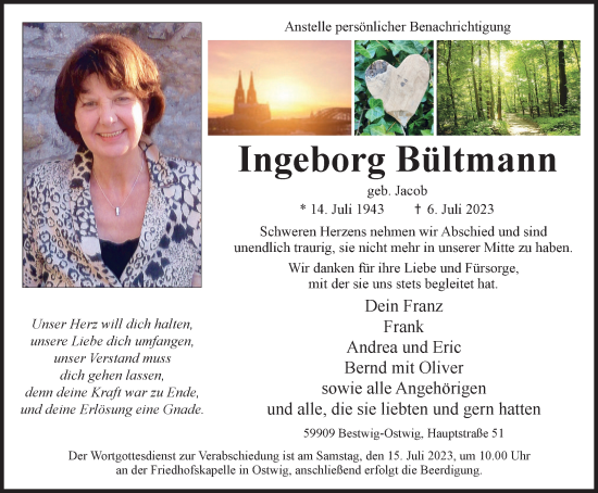 Traueranzeige von Ingeborg Bültmann von Tageszeitung