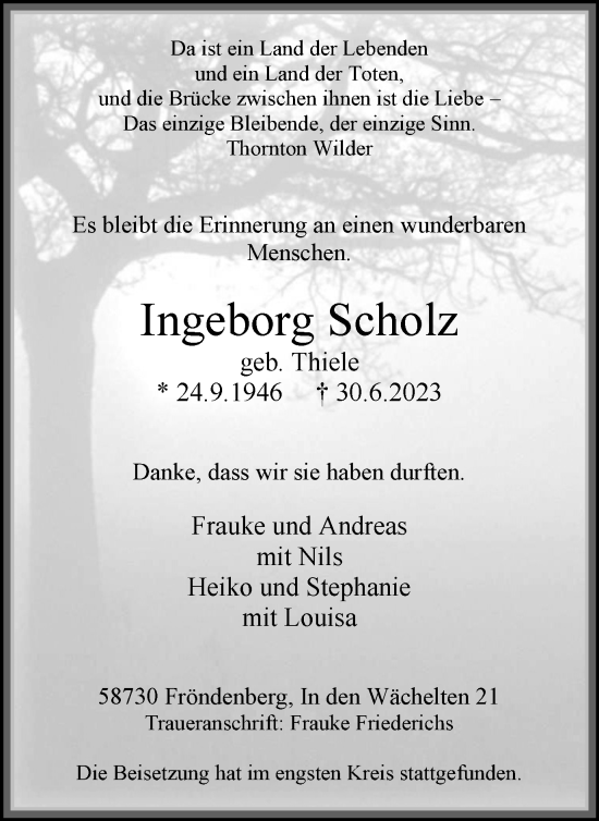 Traueranzeige von Ingeborg Scholz von Tageszeitung