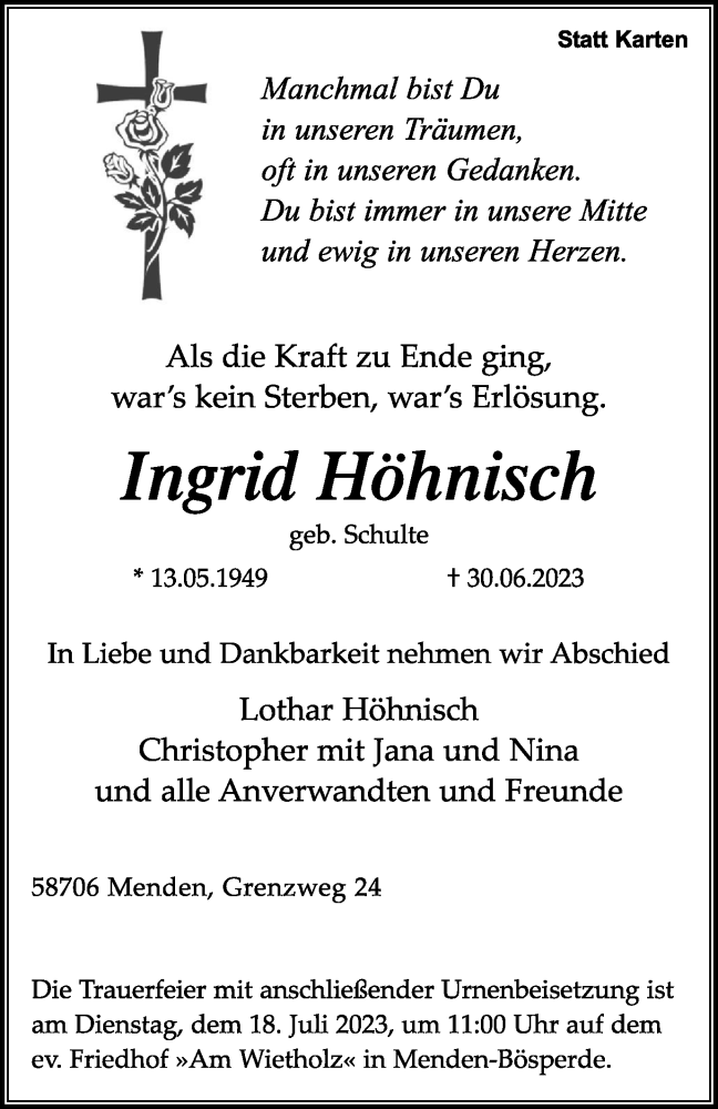  Traueranzeige für Ingrid Höhnisch vom 08.07.2023 aus Tageszeitung