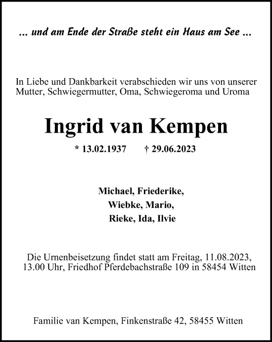 Traueranzeige von Ingrid van Kempen von Tageszeitung
