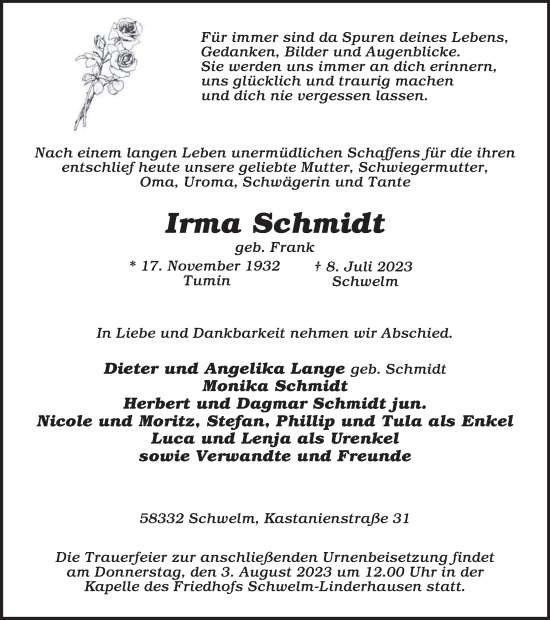 Traueranzeige von Irma Schmidt von Tageszeitung