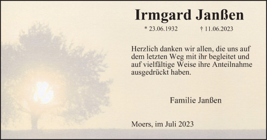 Traueranzeige von Irmgard Janßen von Tageszeitung