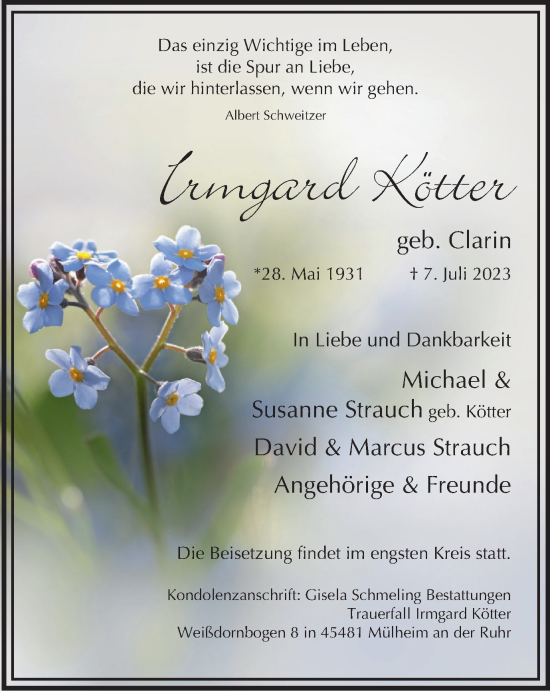 Traueranzeige von Irmgard Kötter von Tageszeitung