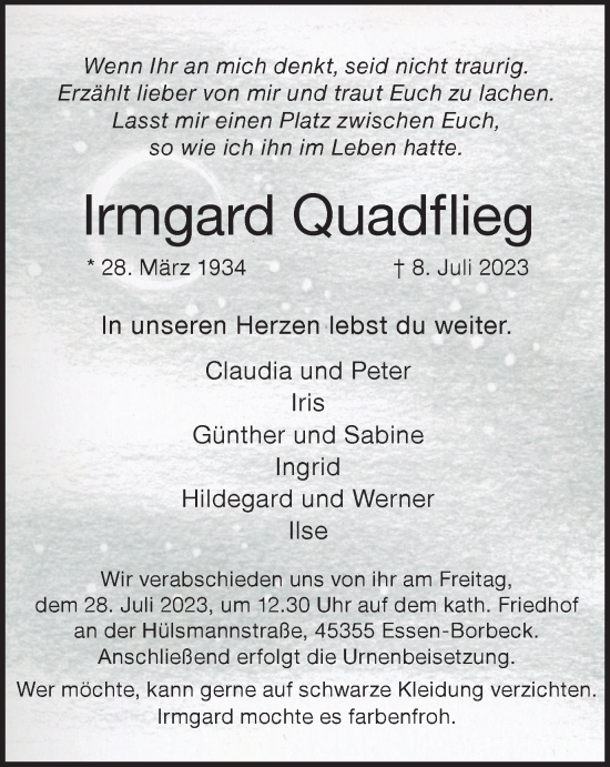 Traueranzeige von Irmgard Quadflieg von Tageszeitung