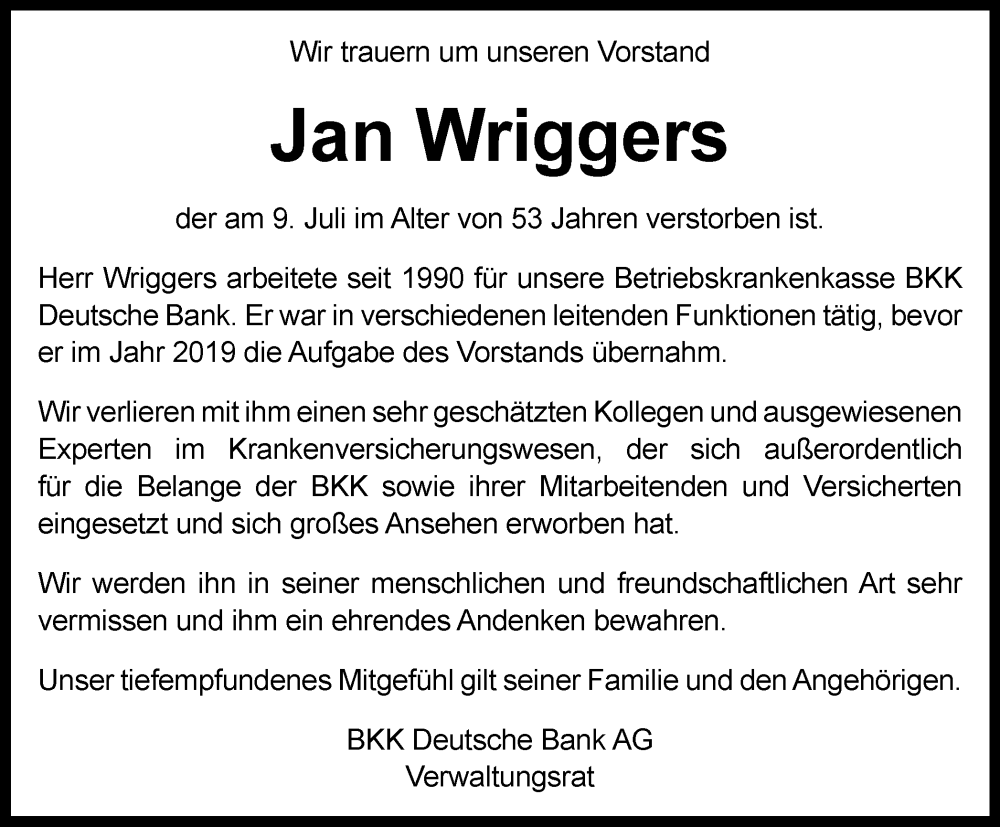  Traueranzeige für Jan Wriggers vom 15.07.2023 aus Tageszeitung