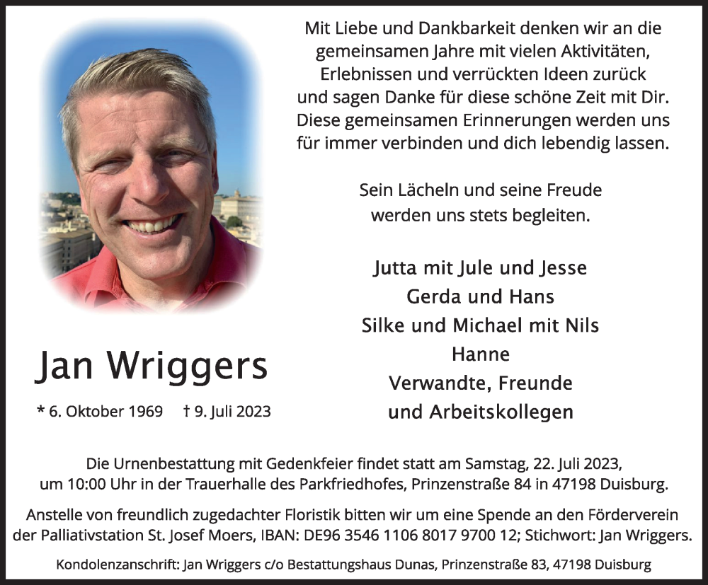  Traueranzeige für Jan Wriggers vom 15.07.2023 aus Tageszeitung