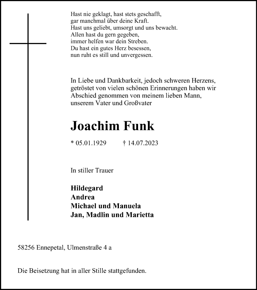  Traueranzeige für Joachim Funk vom 29.07.2023 aus Tageszeitung