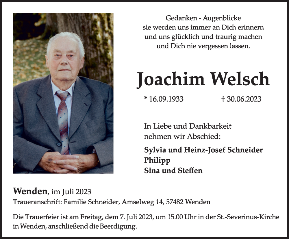  Traueranzeige für Joachim Welsch vom 05.07.2023 aus Tageszeitung
