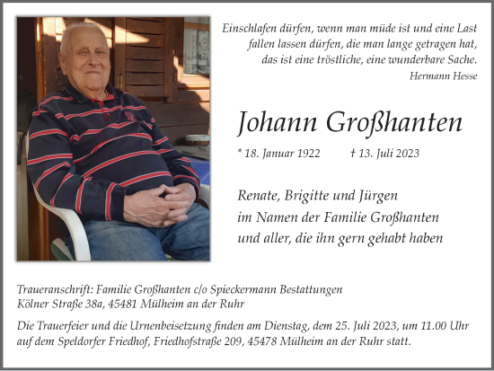 Traueranzeige von Johann Großhanten von Tageszeitung