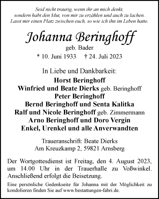 Traueranzeige von Johanna Beringhoff von Tageszeitung