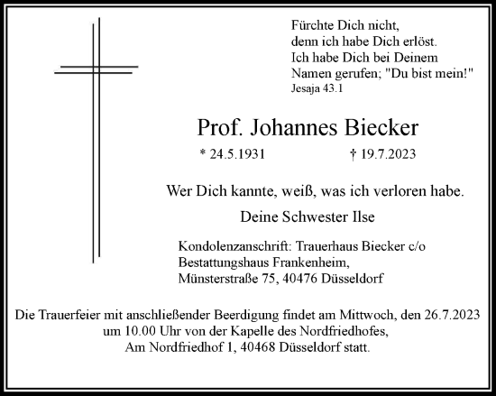 Traueranzeige von Johannes Biecker von Tageszeitung