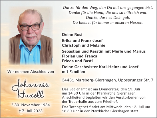 Traueranzeige von Johannes Huxoll von Tageszeitung