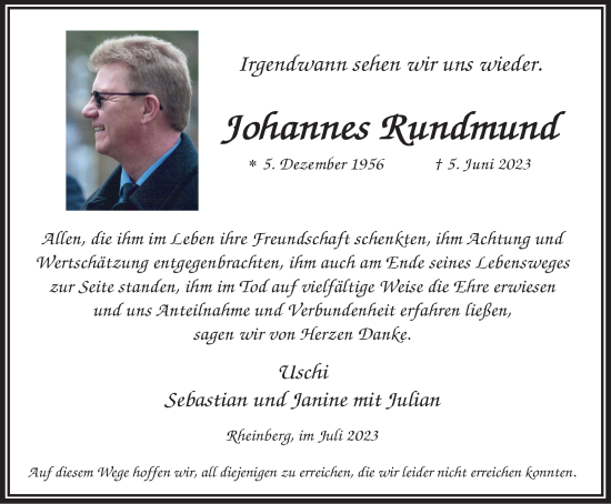 Traueranzeige von Johannes Rundmund von Tageszeitung